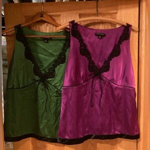 Banana Republic Silk Green and Purple Lace Trim Top